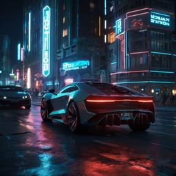 A stylized 3D model showcasing a vibrant urban street corner, brought to life with futuristic vehicles and eye-catching glowi