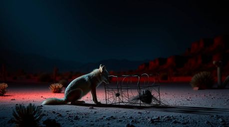 An elegant and sophisticated desert scene unfolds under intense dramatic lighting, highlighting a coyote meticulously setting