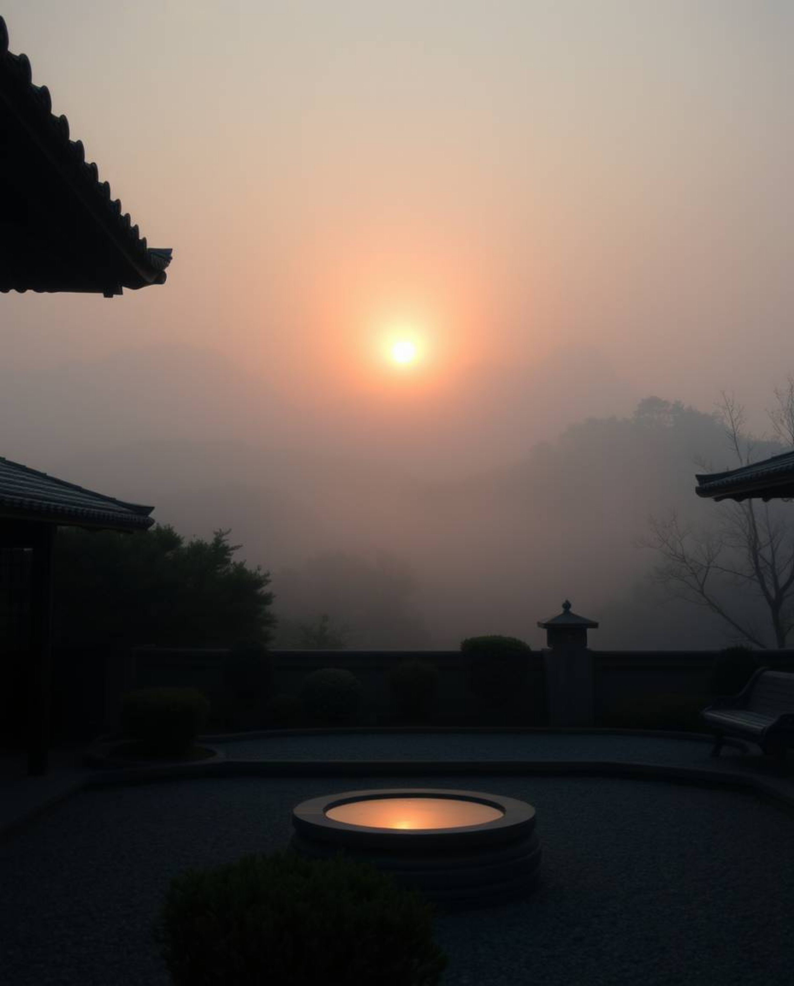 Ethereal photograph of a sunset over a serene Zen garden: soft light, mystical aura, conveying a spiritual vibe.
