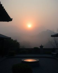 Ethereal photograph of a sunset over a serene Zen garden: soft light, mystical aura, conveying a spiritual vibe.