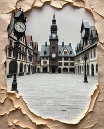 This artwork features an empty town square with ticking clocks, creating a sense of desolate time.  The layered papier-mâché 