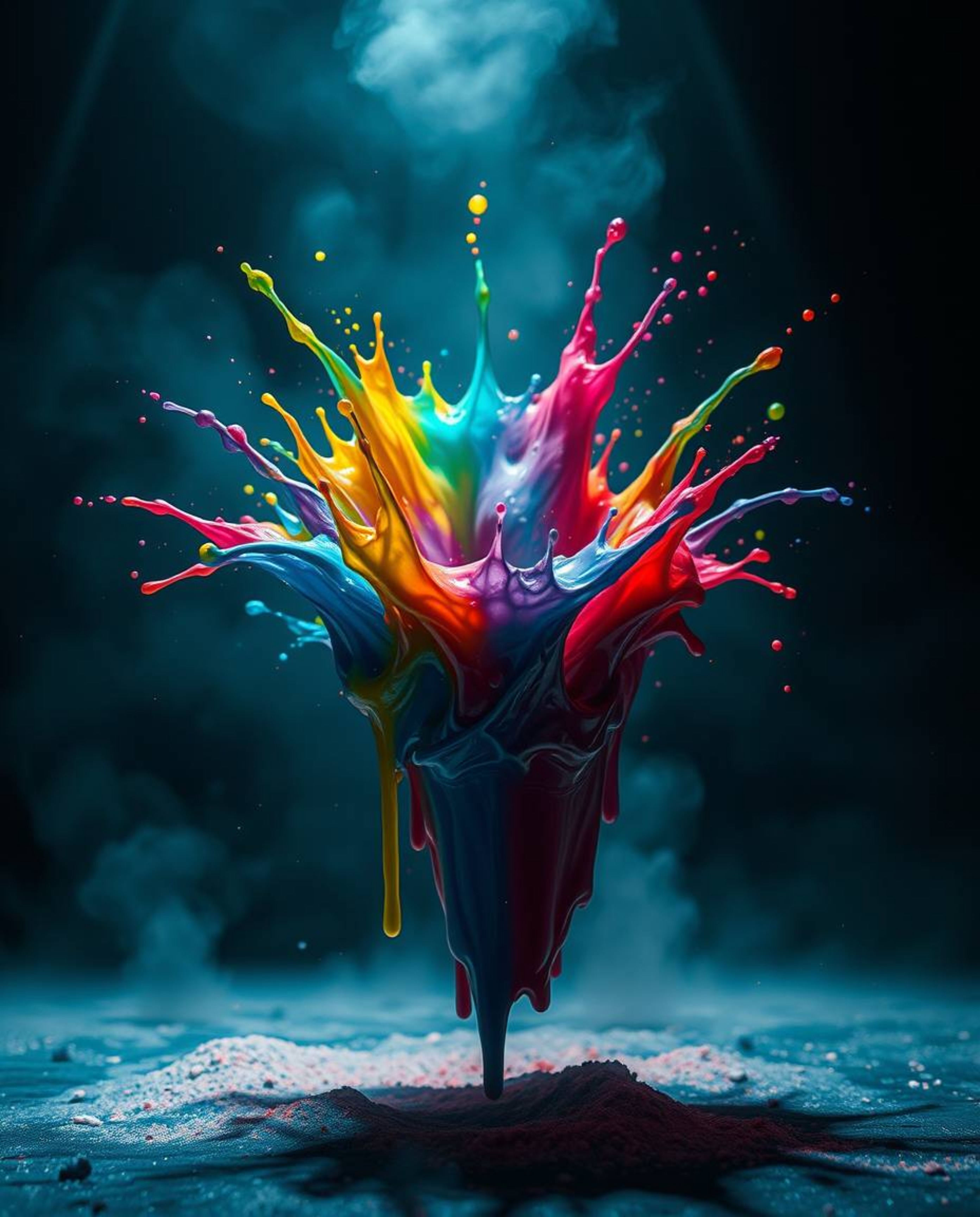 Explore a surreal and captivating image of a colorful paint splash suspended mid-air, illuminated by striking volumetric ligh