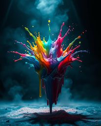 Explore a surreal and captivating image of a colorful paint splash suspended mid-air, illuminated by striking volumetric ligh