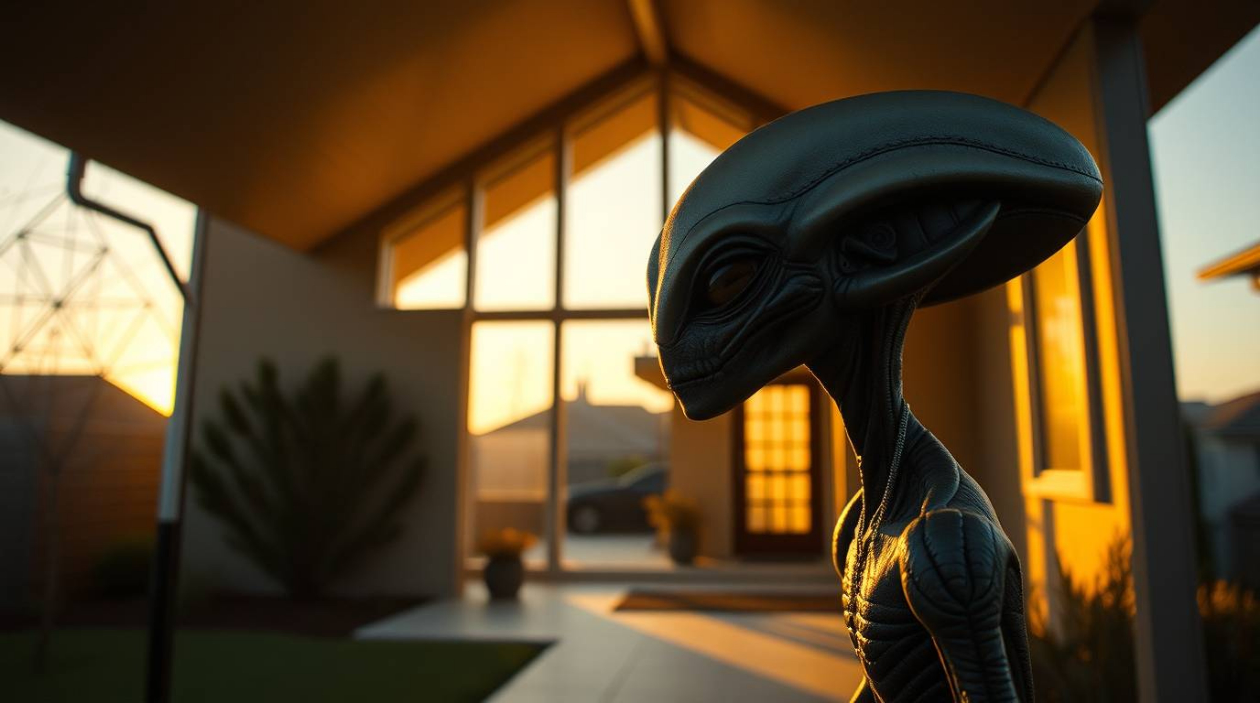 A captivating architectural photograph depicts an alien within a warm, golden-hour-lit suburban home.  The image boasts sharp