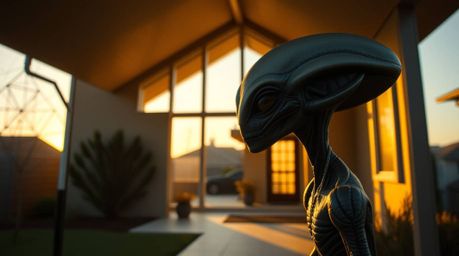 A captivating architectural photograph depicts an alien within a warm, golden-hour-lit suburban home.  The image boasts sharp