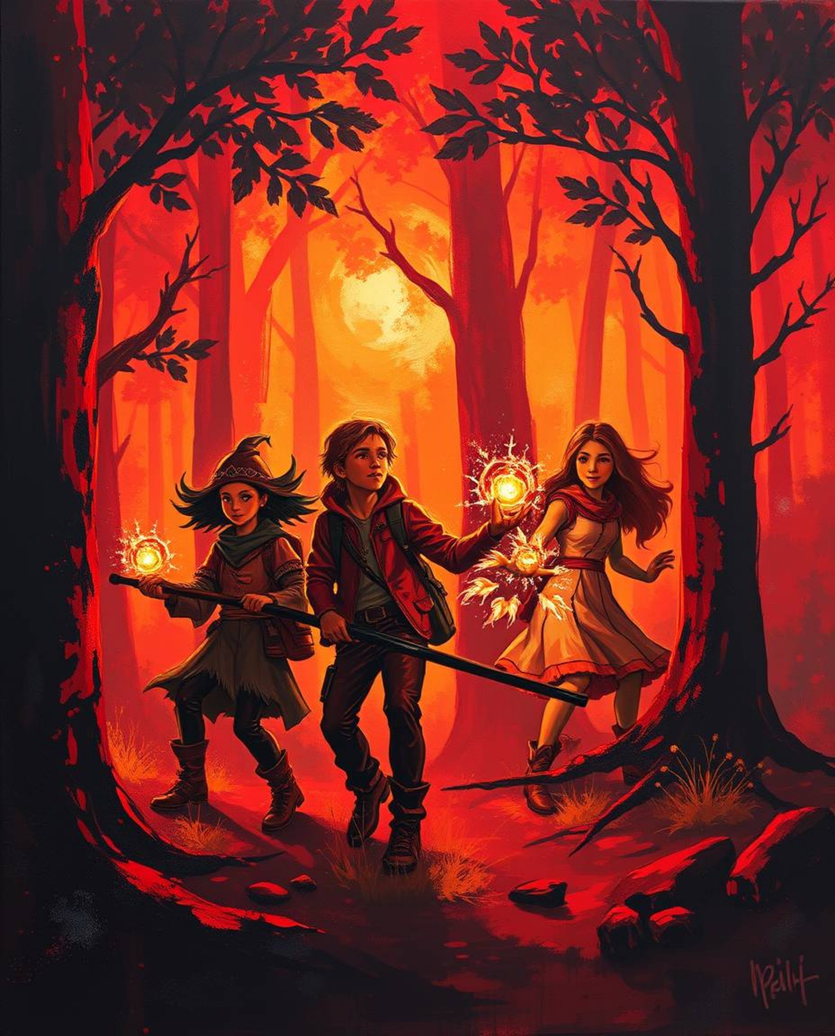 Discover a vibrant acrylic painting depicting a group of friends possessing unique powers, embarking on an exciting adventure