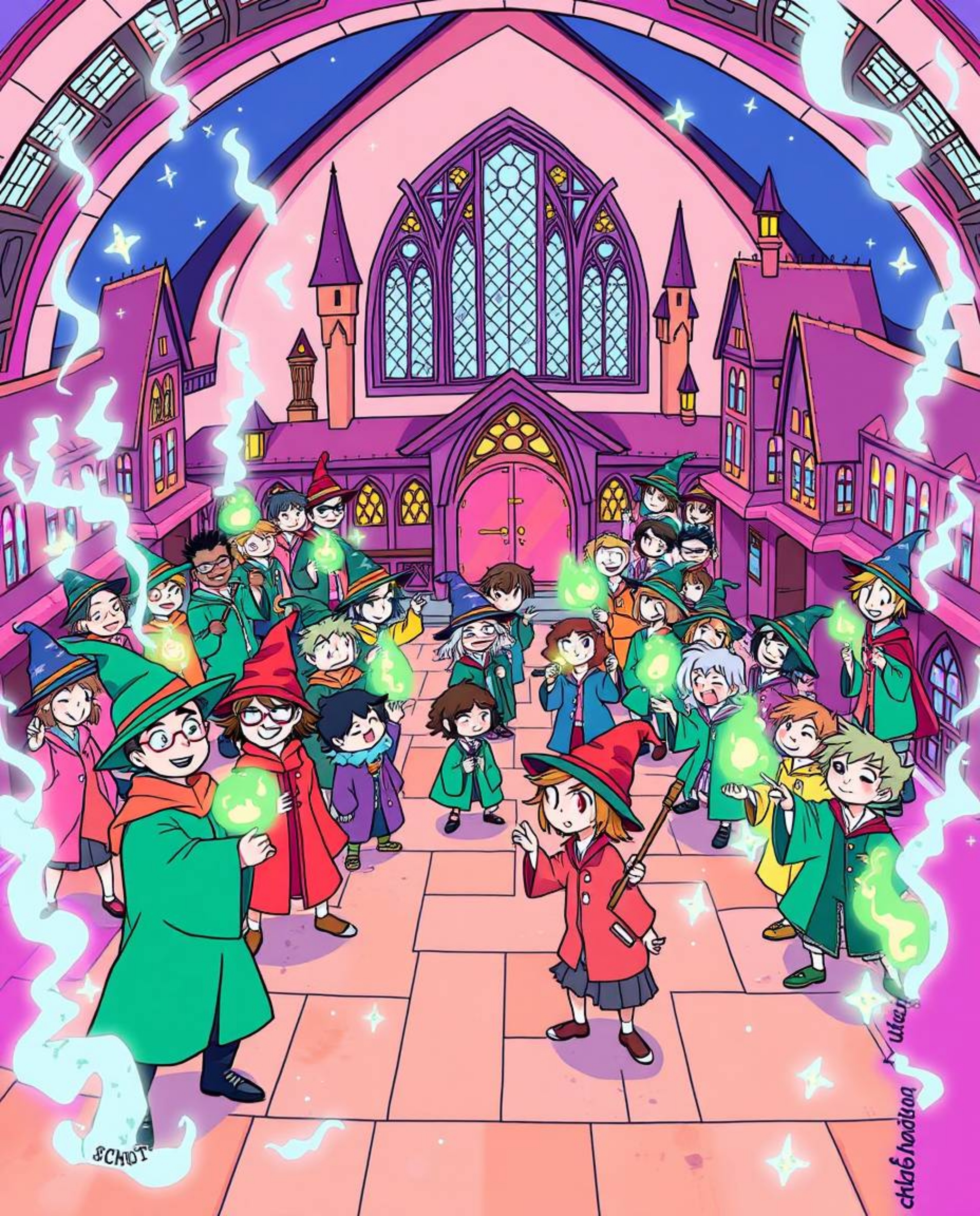 Experience a lively and energetic illustration of a magical school teeming with young wizards, brought to life in bright and 