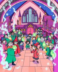 Experience a lively and energetic illustration of a magical school teeming with young wizards, brought to life in bright and 