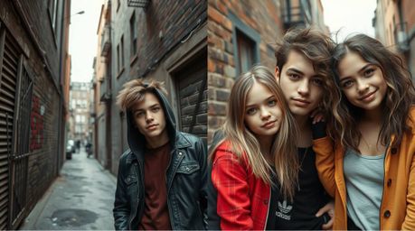 This image captures a striking contrast within a grungy city alley scene featuring rebellious teens. The artwork is distinctl