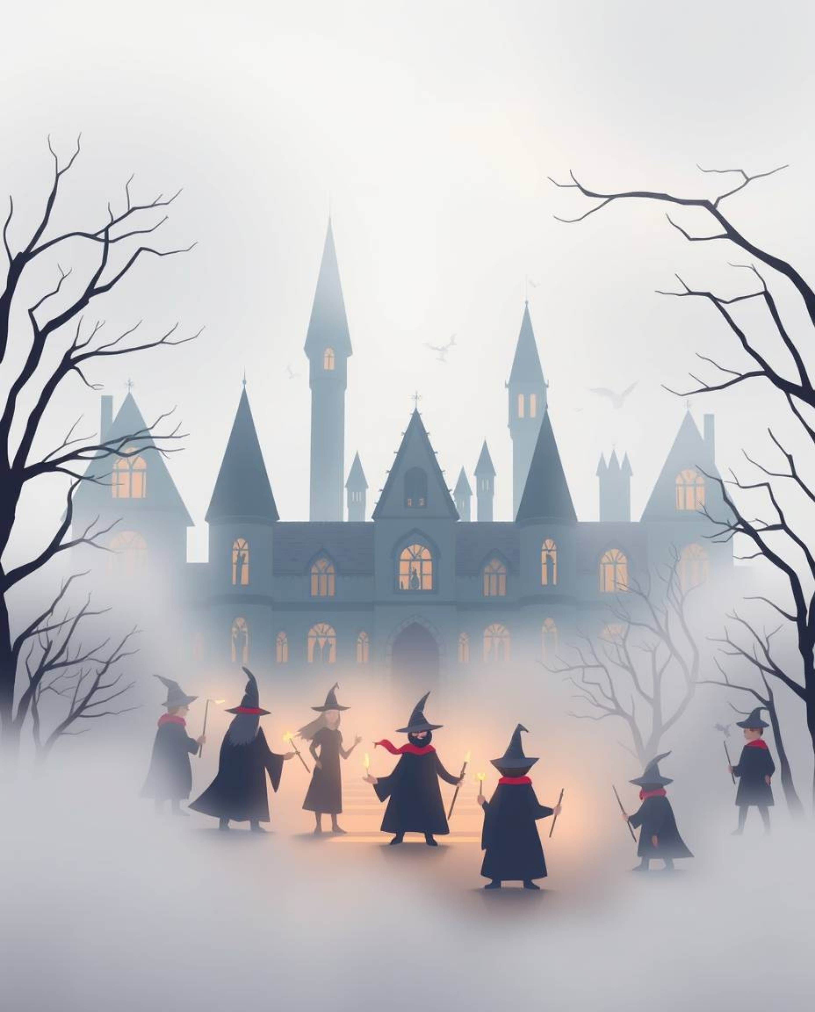 Immerse yourself in a world of mystery with this modern flat design featuring a magical school veiled in thick fog. Young wiz