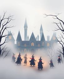 Immerse yourself in a world of mystery with this modern flat design featuring a magical school veiled in thick fog. Young wiz