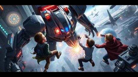Experience a thrilling, high-angle digital painting showcasing three superpowered kids battling a futuristic robot in a techn