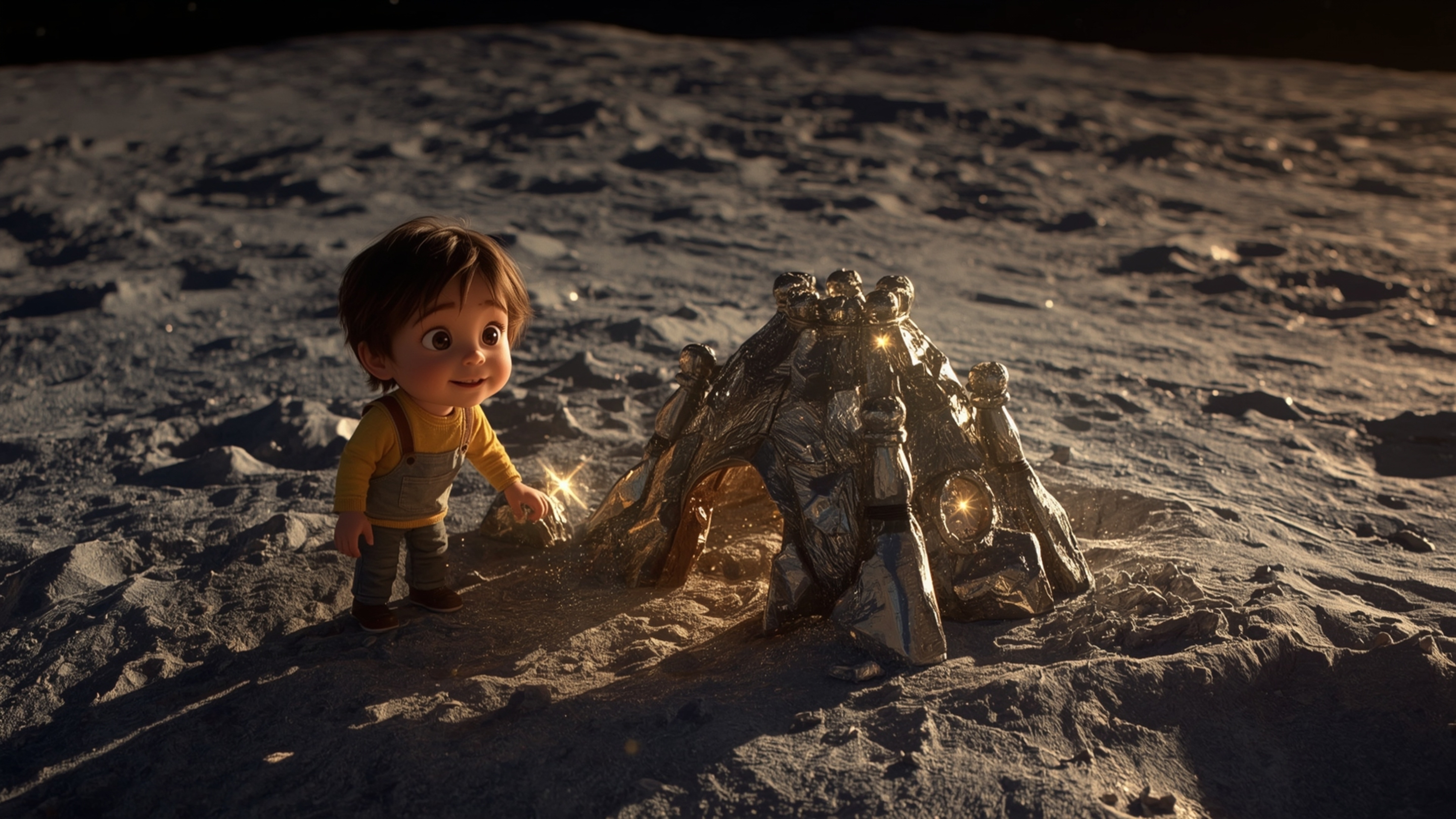 Embark on a whimsical lunar adventure with this warm and dreamy cinematic photograph, reminiscent of Pixar's signature style.