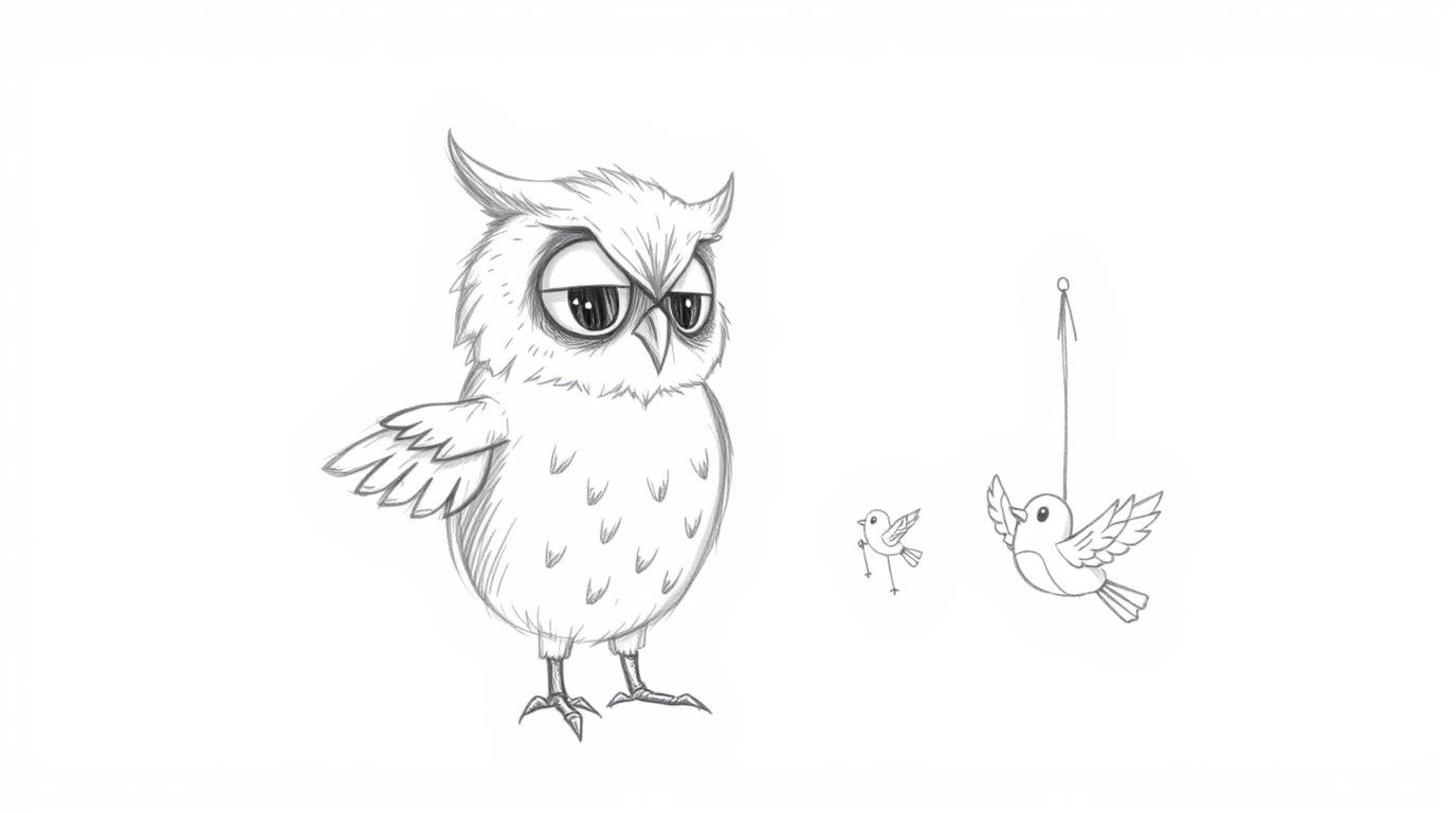 A heartwarming hand-drawn sketch in the style of Pixar depicts a wise, blind owl with feathery textures ingeniously teaching 