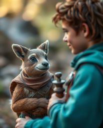 A captivating photograph showcasing a hero embarking on an epic journey, accompanied by their loyal and witty talking animal