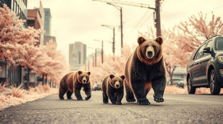 Explore a captivating scene of a bear family embarking on an urban adventure, rendered in a surreal, infrared style. This pho