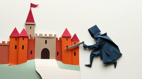A meticulously crafted origami thief stealthily infiltrates a heavily guarded castle.  The scene utilizes vibrant complementa
