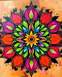 This bold acrylic painting features a captivating geometric floral mandala with vibrant colors and a symmetric design. The ar