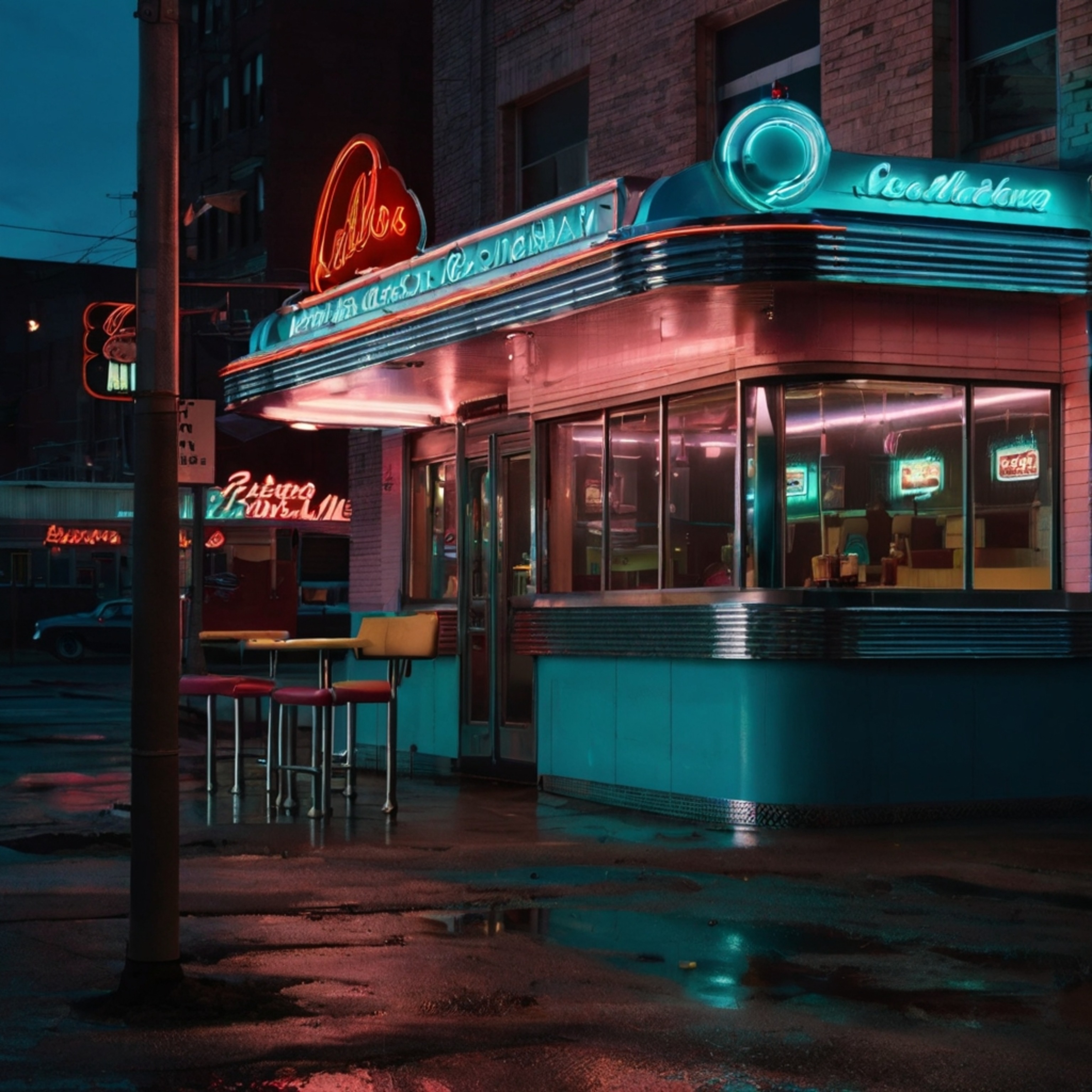 Experience the quintessential American diner with its gleaming chrome fixtures, vibrant neon signs, and comfortable vinyl boo
