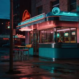 Experience the quintessential American diner with its gleaming chrome fixtures, vibrant neon signs, and comfortable vinyl boo
