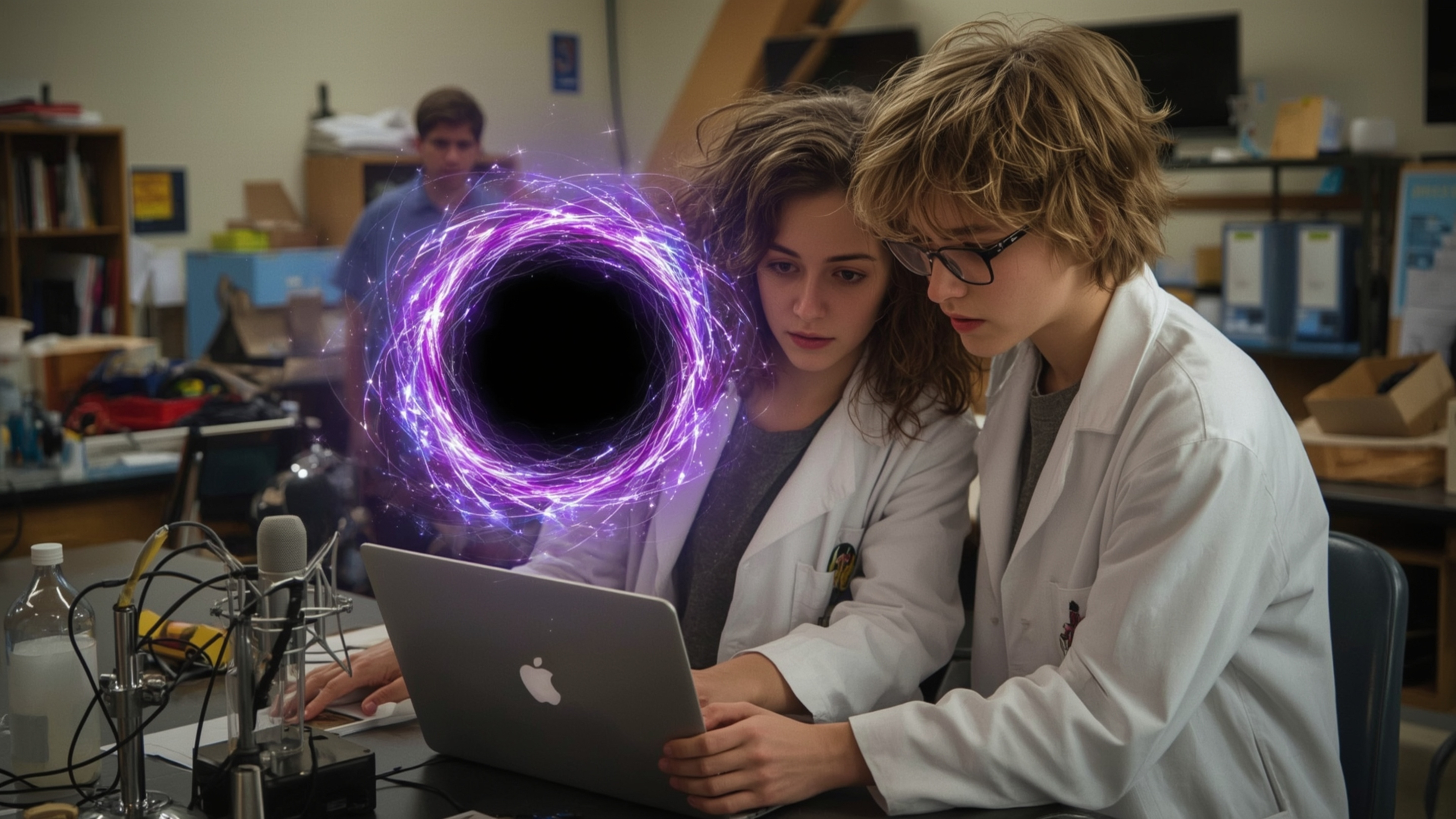 In a breathtakingly detailed, cinematic photograph with a fantastical, Pixar-inspired style, a science fair duo stands amidst
