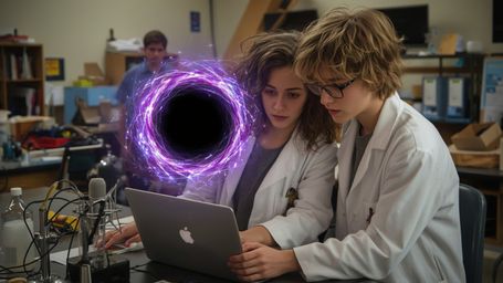 In a breathtakingly detailed, cinematic photograph with a fantastical, Pixar-inspired style, a science fair duo stands amidst