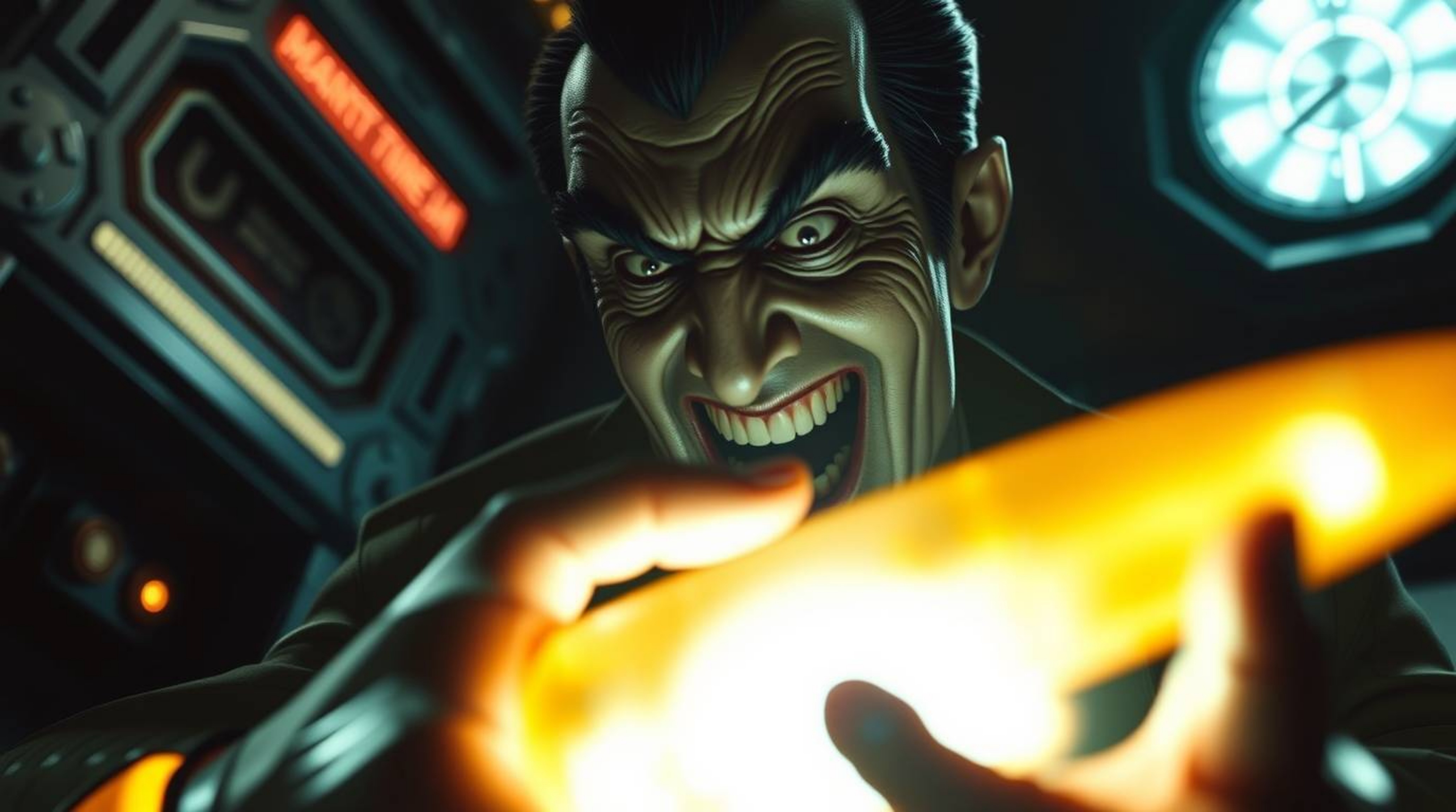A comedic close-up captures a villain experiencing a hilarious meltdown within a futuristic, high-tech lair.  The scene is dr