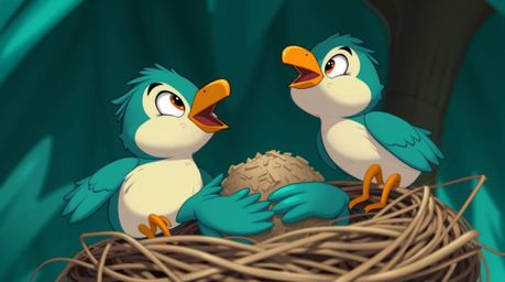 An extreme macro close-up captures the charming scene of two cartoon birds meticulously building a nest in a classic animatio