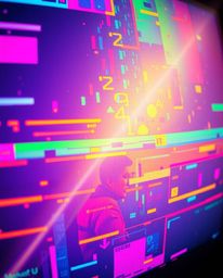 An extreme macro close-up showcases vibrant volumetric lighting effects within a TV screen's glitching static.  The image fea