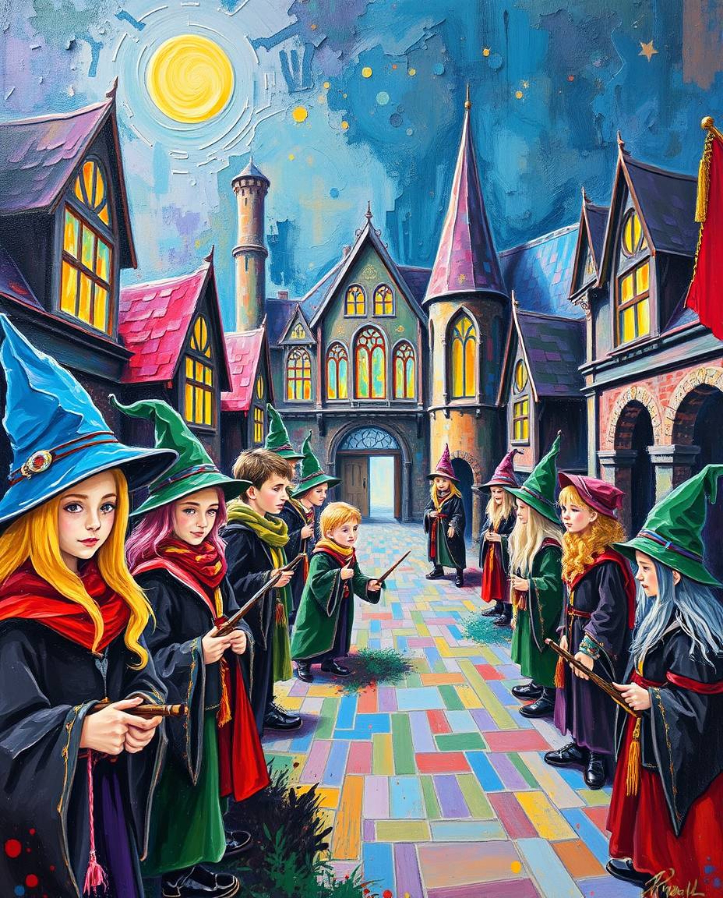 A bold acrylic painting capturing the enchanting atmosphere of a magical school teeming with young wizards. This artwork is c