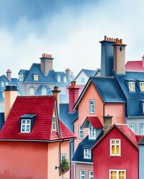 A close-up shot showcasing a sleepy town depicted in a charming watercolor style, complete with pastel-colored houses. The sc