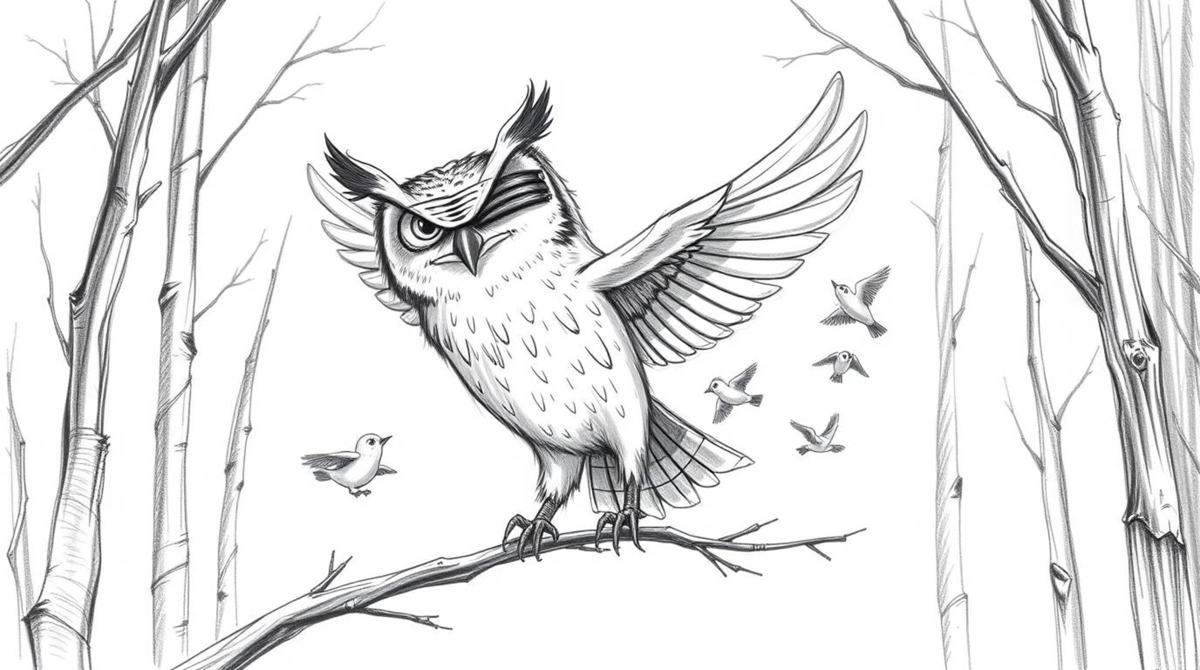 A captivating hand-drawn sketch in the style of Pixar, depicting a serene blind owl guiding small birds in flight.  The scene