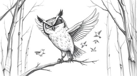 A captivating hand-drawn sketch in the style of Pixar, depicting a serene blind owl guiding small birds in flight.  The scene