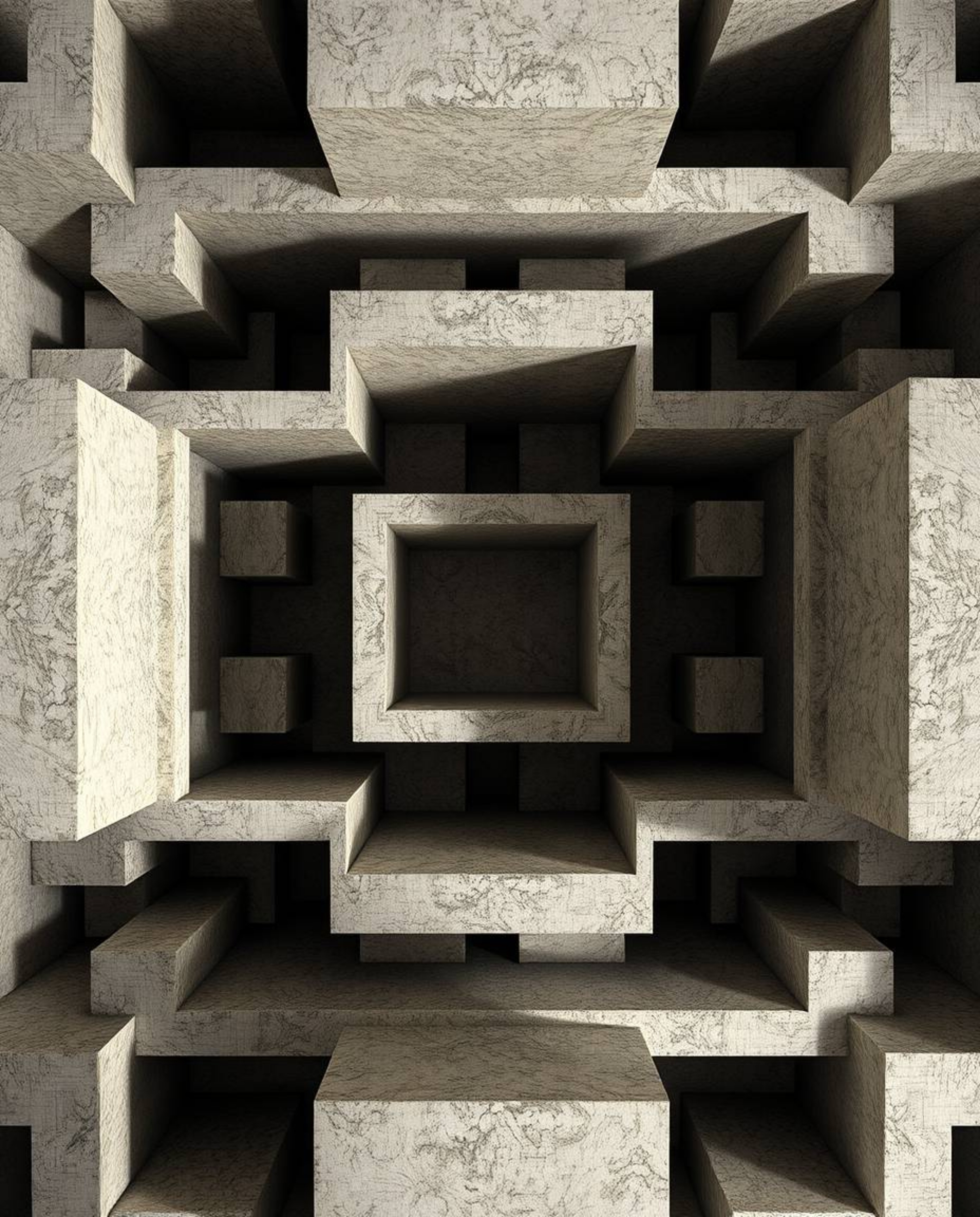 An overhead, bird's-eye perspective showcasing a repetitive cube pattern rendered in Escher-style impossible geometry. Diffus