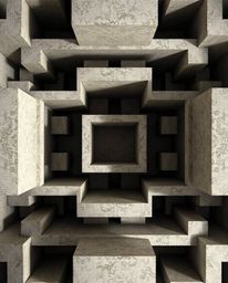 An overhead, bird's-eye perspective showcasing a repetitive cube pattern rendered in Escher-style impossible geometry. Diffus