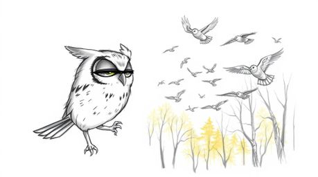 A captivating hand-drawn sketch in the style of Pixar depicts a serene blind owl with soft feathers guiding a flock of birds 
