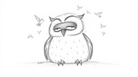 A hand-drawn pencil sketch in the style of Pixar depicts a blind owl with soft, feathery texture, resting peacefully against 