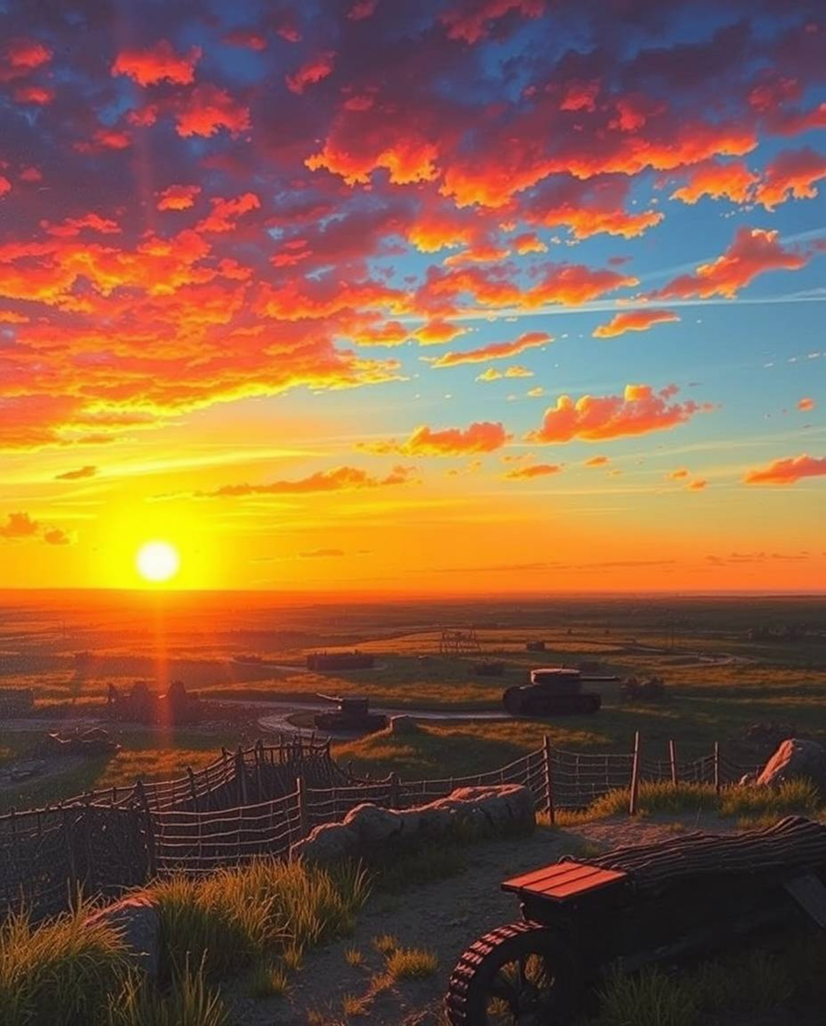 A breathtaking sunrise over a war-torn landscape offers a stark contrast between beauty and destruction.  The image captures 