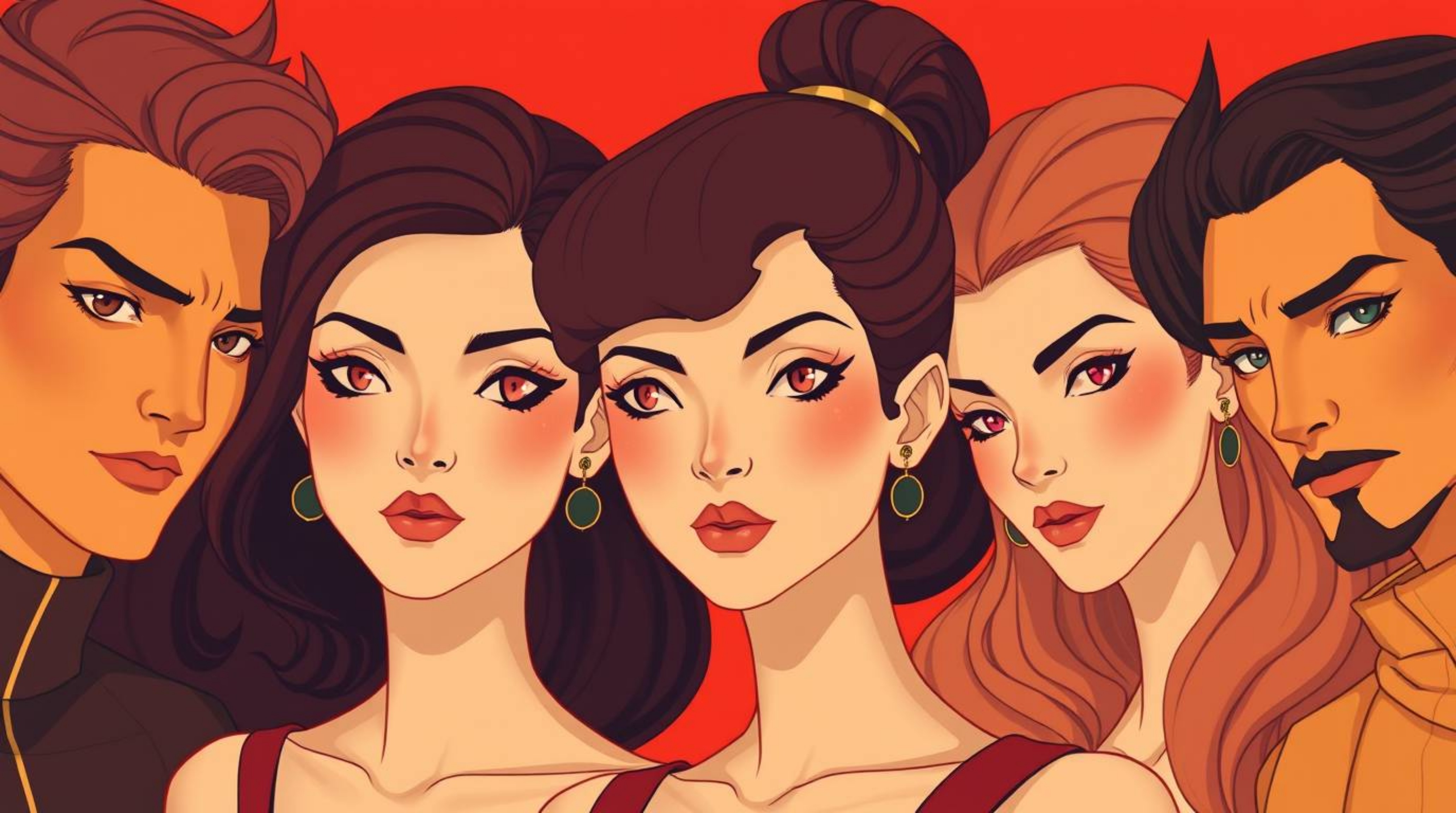 This artwork presents a graceful and elegant depiction of a team of misfit heroes, rendered in warm hues of reds, oranges, an