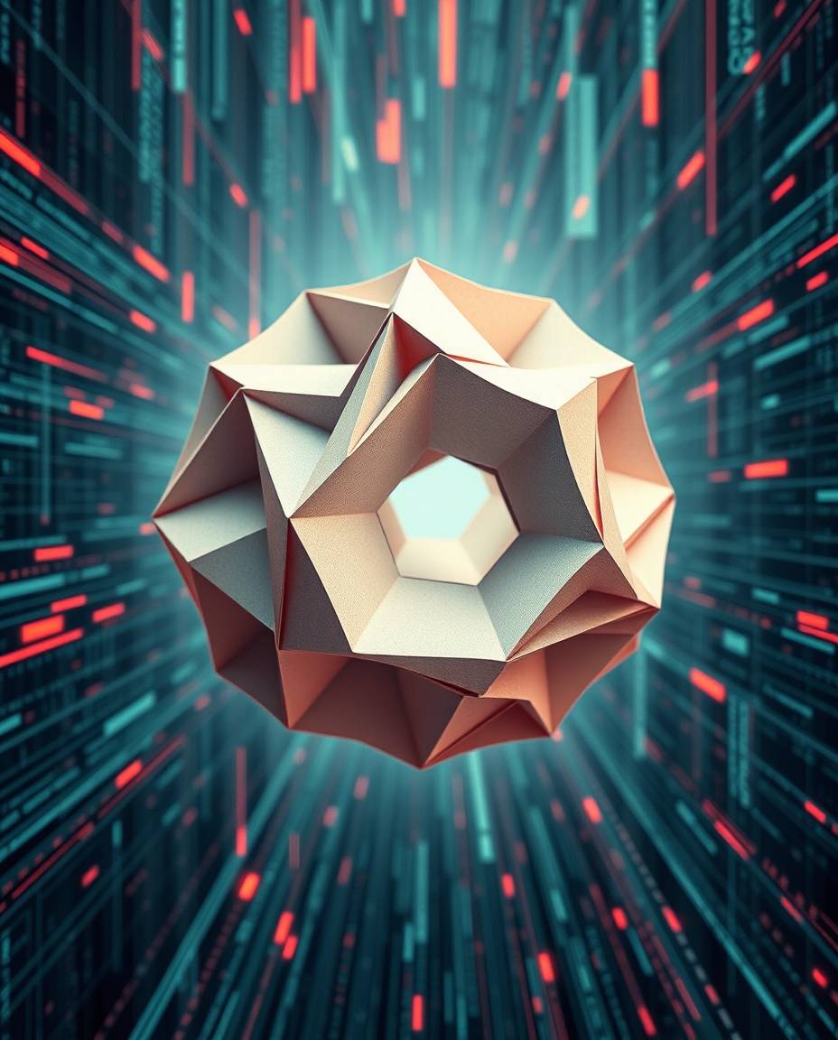 Explore intricate origami-style artwork showcasing glitched geometric shapes gracefully floating within a cyberspace matrix. 