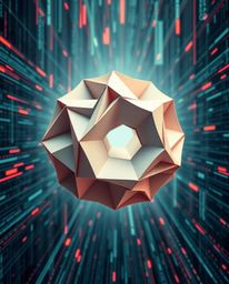 Explore intricate origami-style artwork showcasing glitched geometric shapes gracefully floating within a cyberspace matrix. 