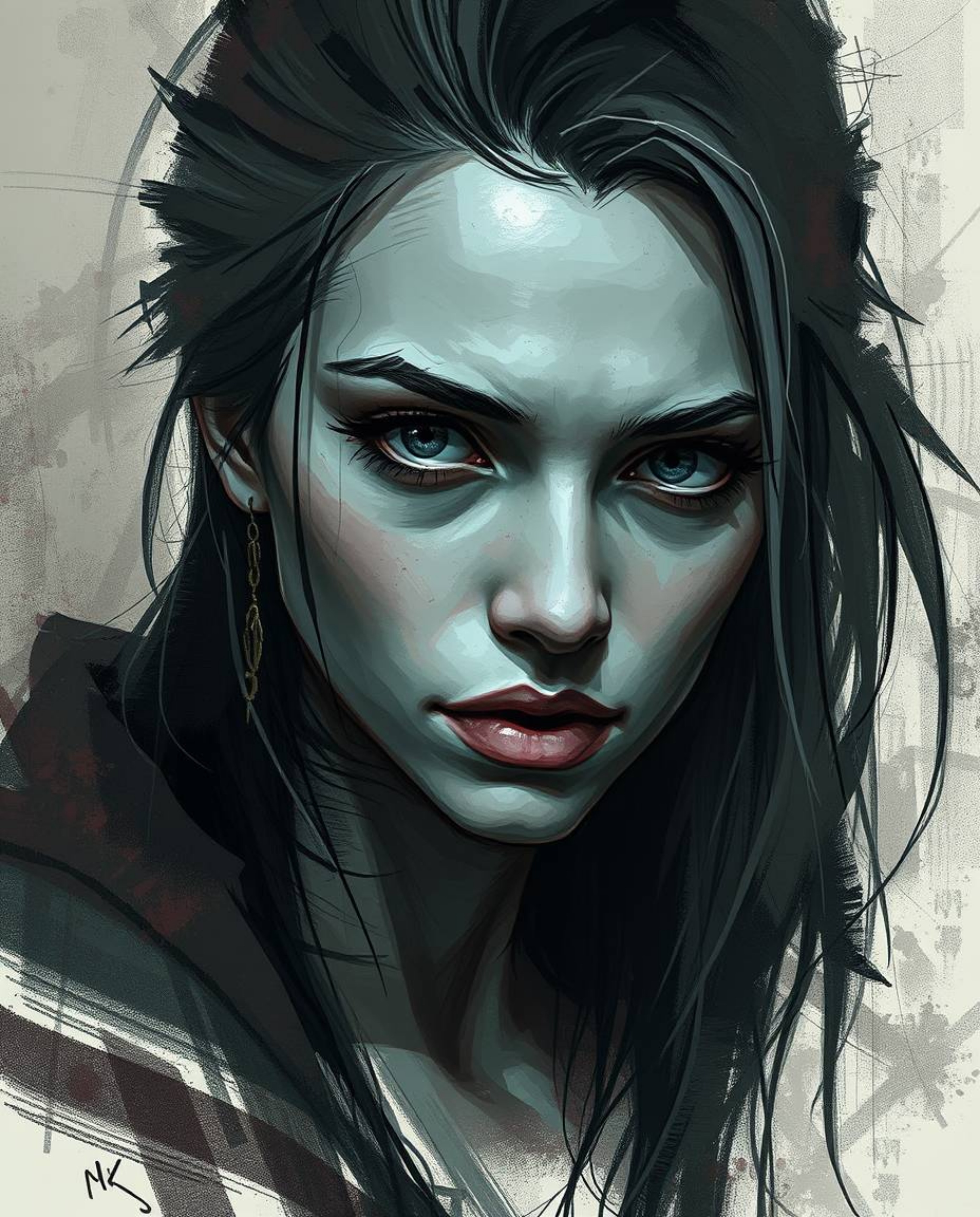 A captivating digital portrait rendered in a dynamic glitch art style.  Loose painterly strokes, rich textures, and atmospher
