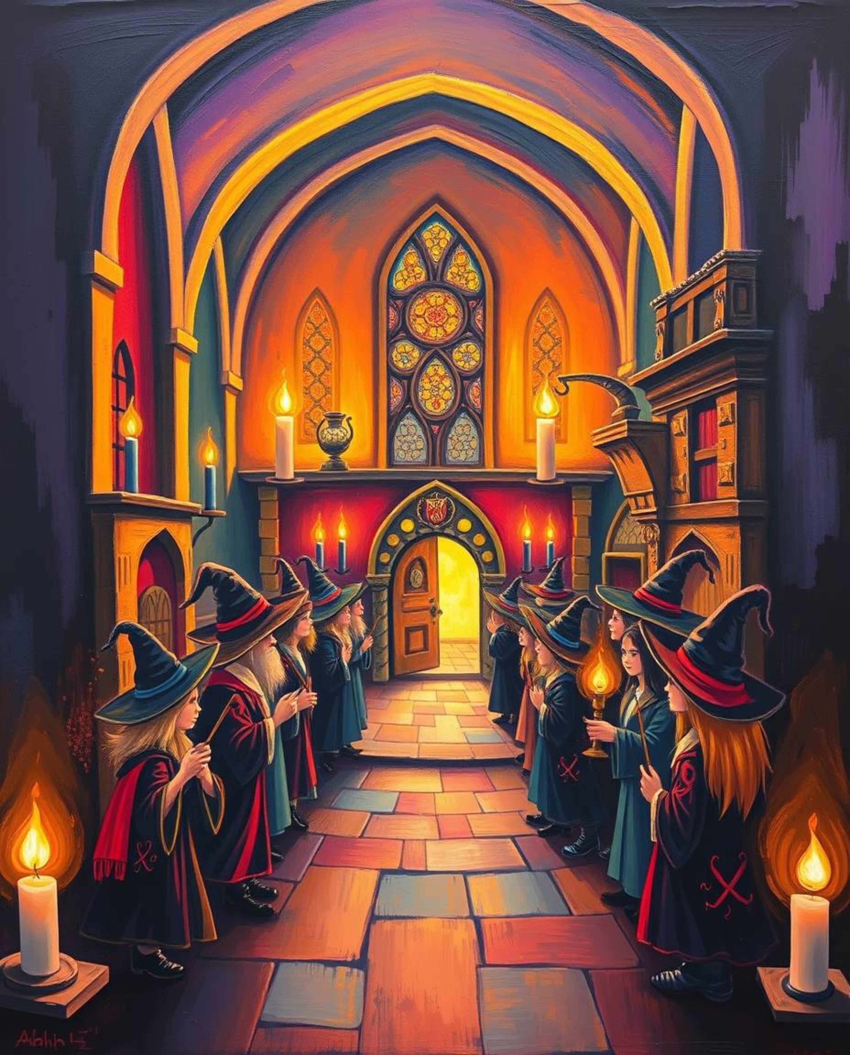 Experience the enchantment of a magical school through this bold acrylic painting. Warm candlelight dances across the canvas,