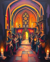 Experience the enchantment of a magical school through this bold acrylic painting. Warm candlelight dances across the canvas,