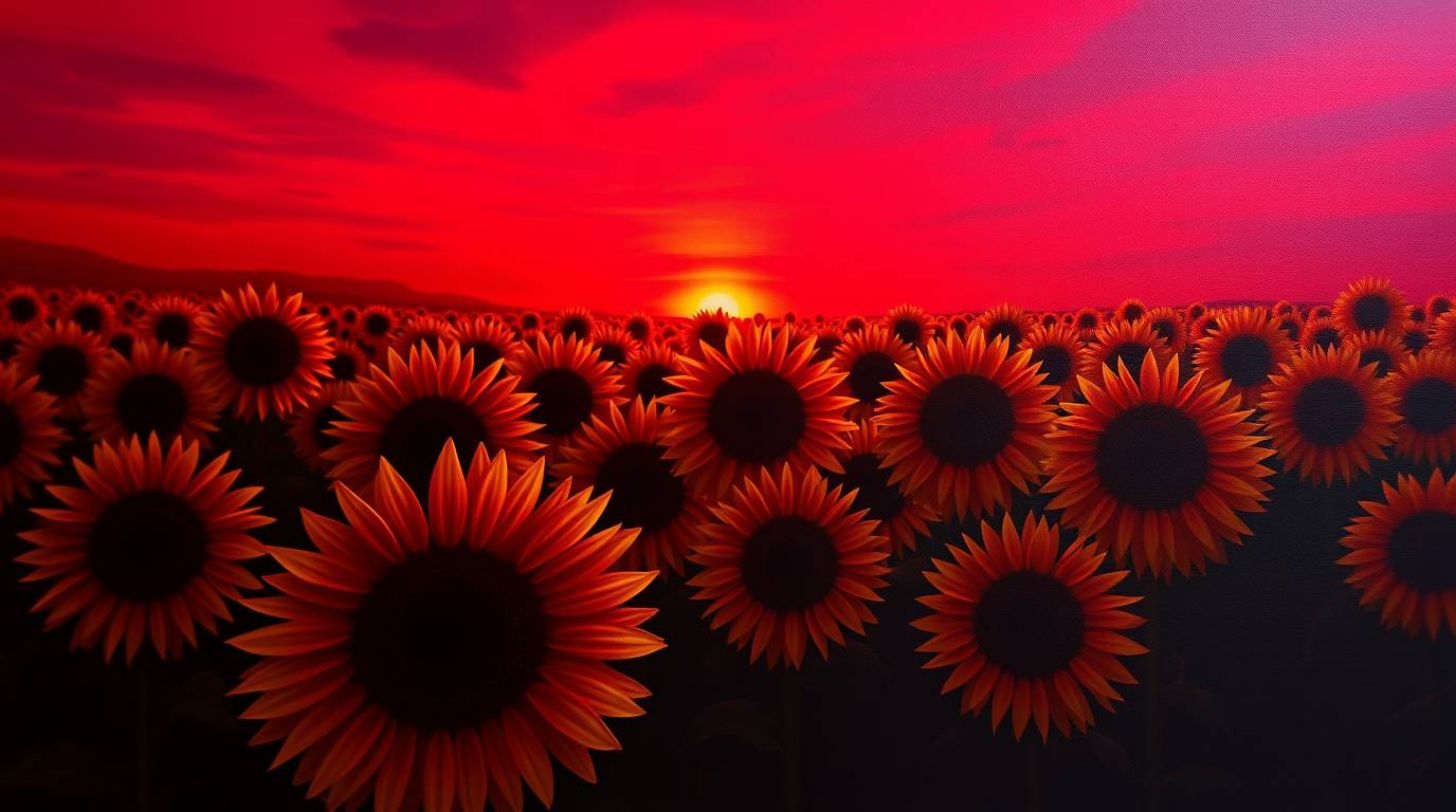 A captivating image of a charming sunflower field bathed in the warm glow of a deep red and purple sunset.  The scene is dram