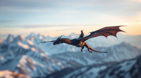 A breathtaking image of a sharply focused dragon and its rider soaring above icy mountains. The bokeh effect artfully blurs t