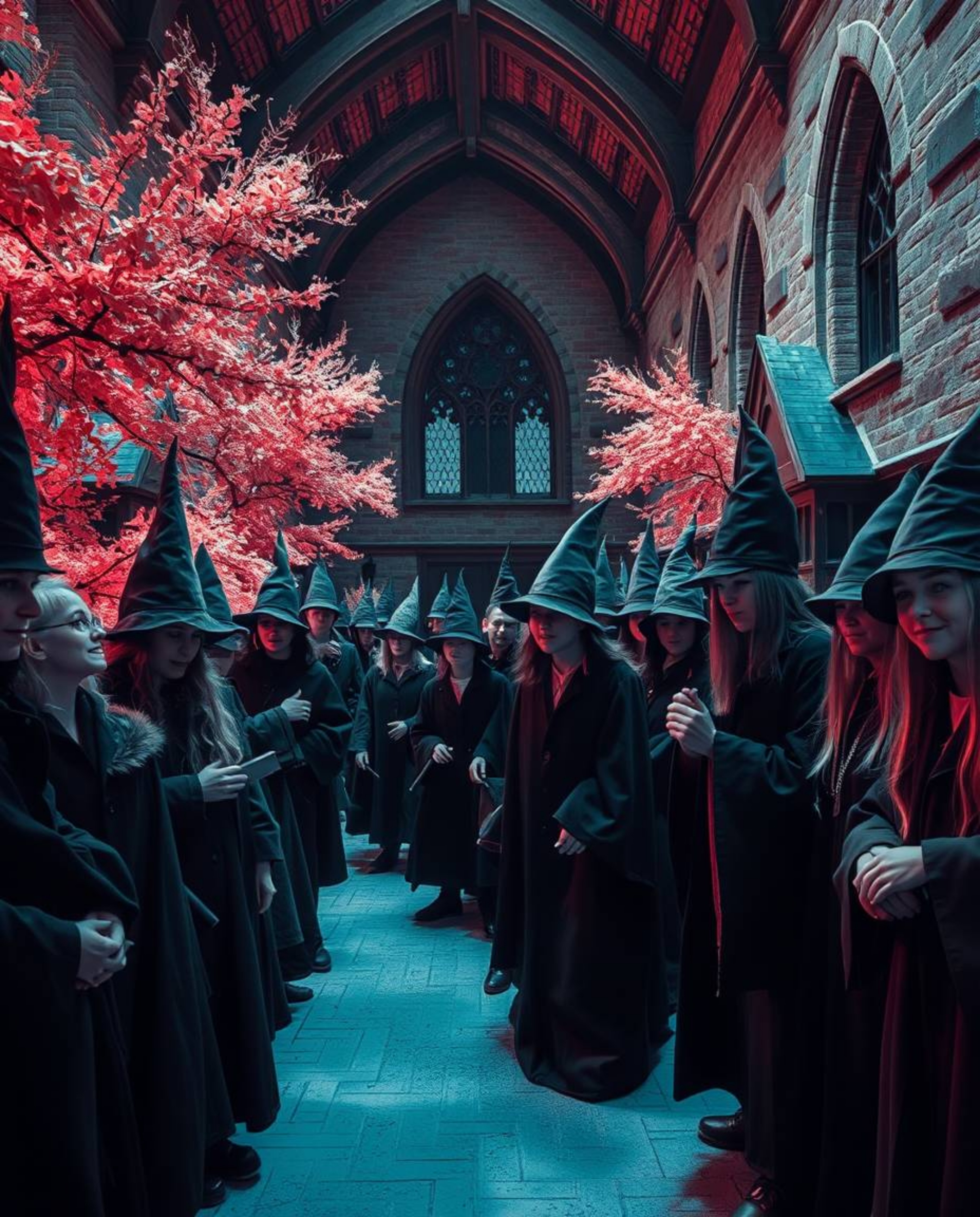 Explore a mesmerizing magical school teeming with young wizards, captured in surreal infrared tones. Intense dramatic lightin