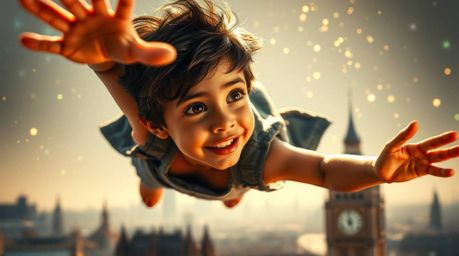 A captivating scene depicting a young boy with dark hair and tan skin soaring above London, bathed in strong, direct light th