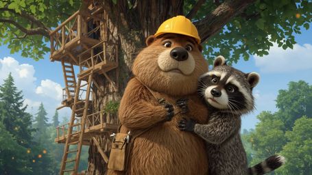 A highly detailed, high-resolution stock photo captures a heartwarming moment in a whimsical, Pixar-inspired style. A beaver,
