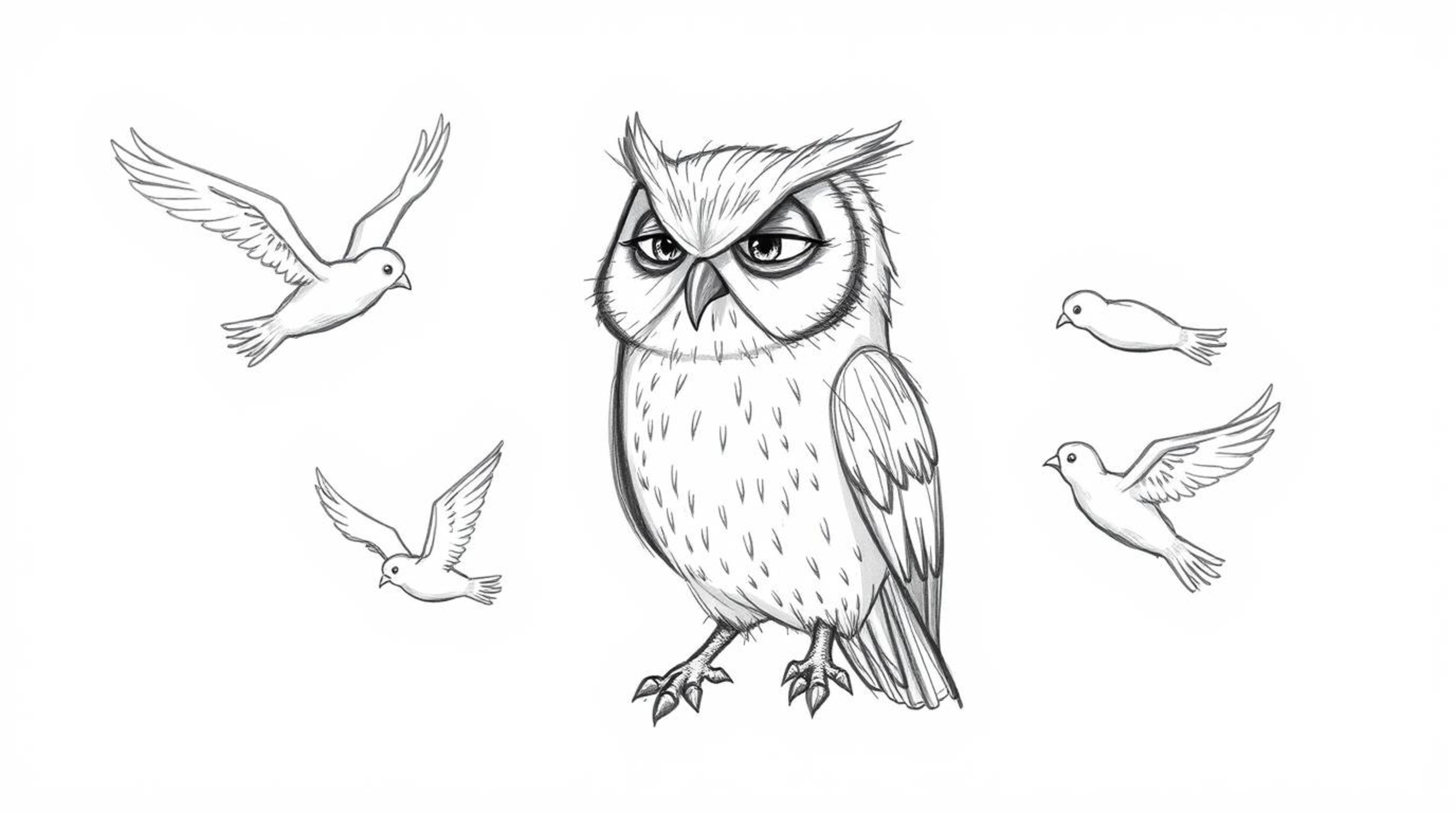 A heartwarming hand-drawn sketch in Pixar style depicts a wise, blind owl with a serene expression, patiently teaching birds 